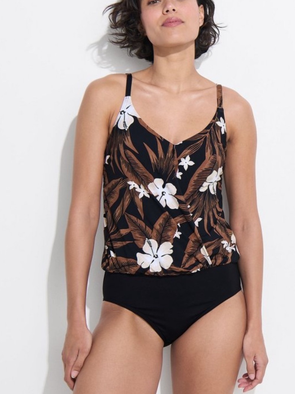 Lands End Woman Smoothing Control Blouson Floral Palm One Piece Swimsuit Sz 14